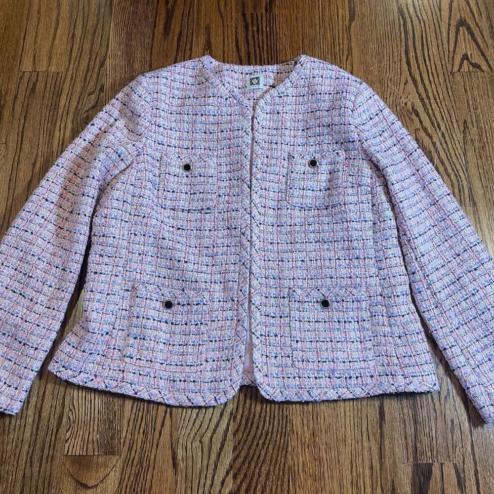 Anne Klein Women's Pink Multi-Color Tweed Open-Front Blazer Jacket